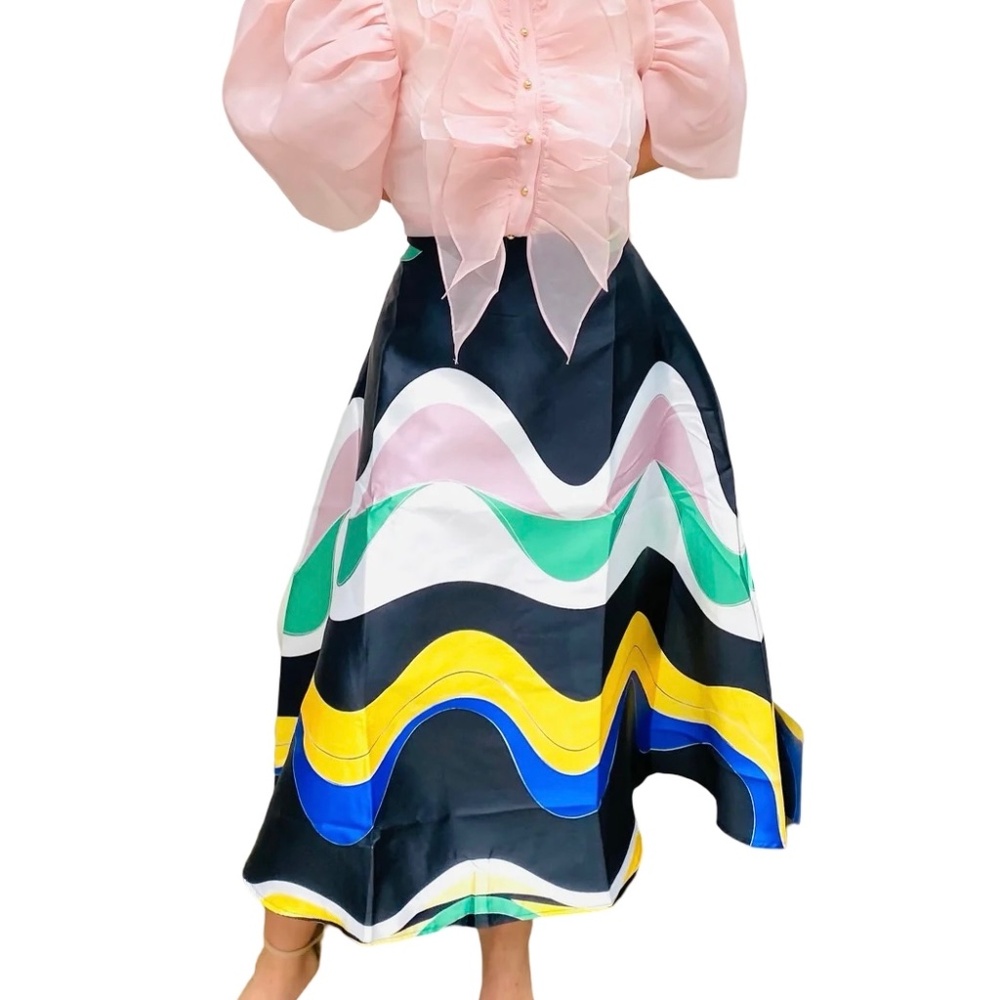 #A065 – N By Nancy   Dopamine    Wave Print  A-Line  Midi Skirt   NWT  L